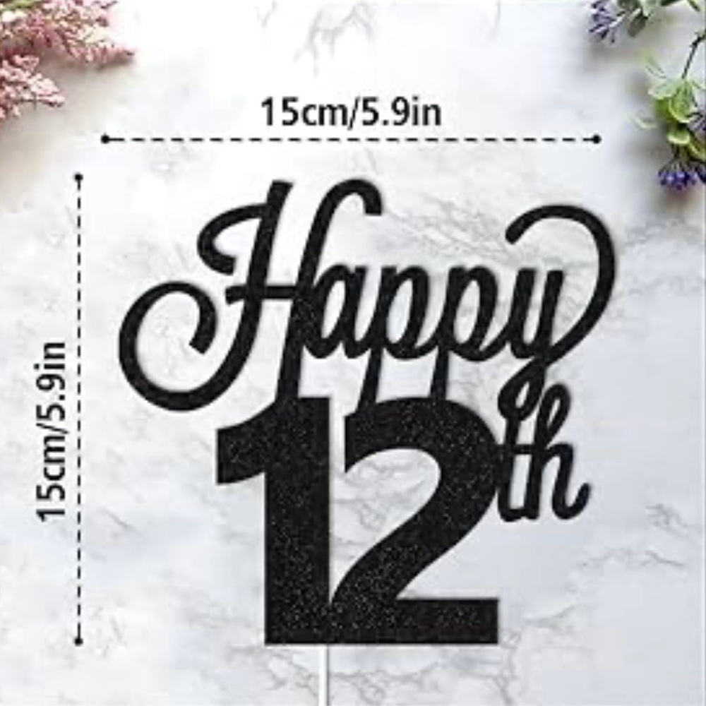 Happy 12th Birthday Cake Topper Black Glitter Party Decor NWT